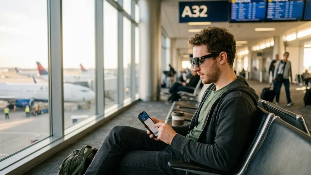 Traveler wearing XREAL R1 AR glasses at an airport