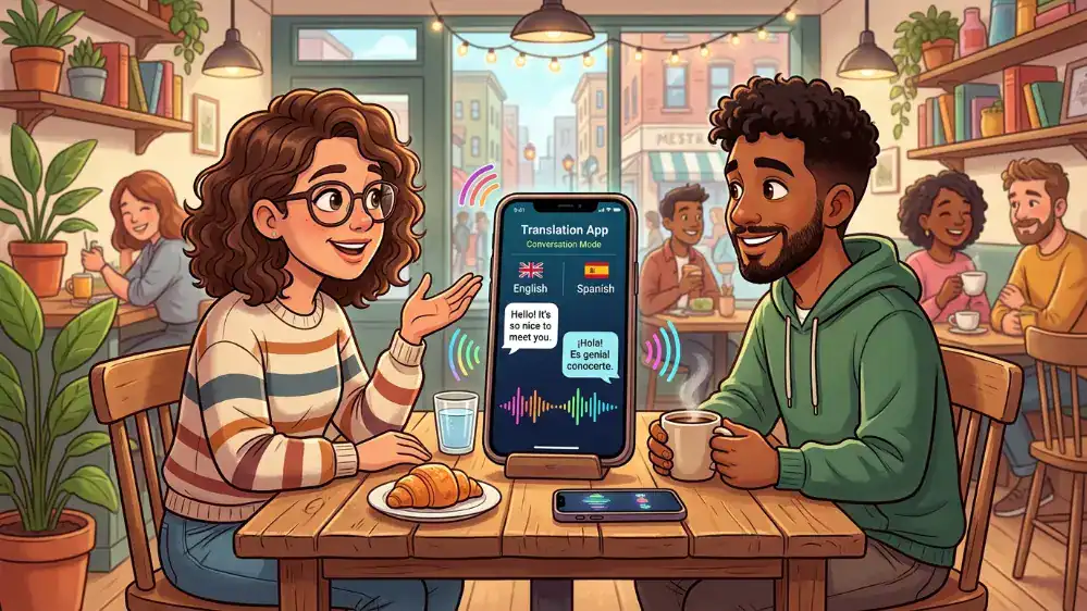 How to Use the Google Translate App (Step-by-Step) 4 Two people using Google Translate conversation mode with a phone on a table