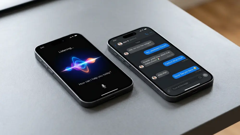 Two smartphones showing old Siri voice interface versus new Siri AI chat interface
