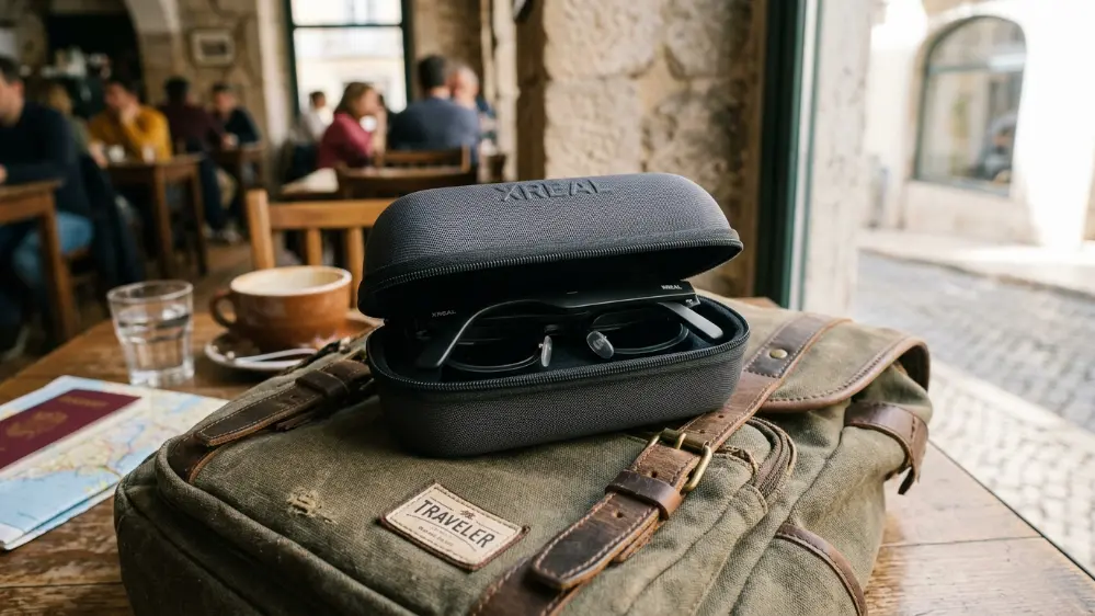 XREAL R1 AR glasses folded into a travel case