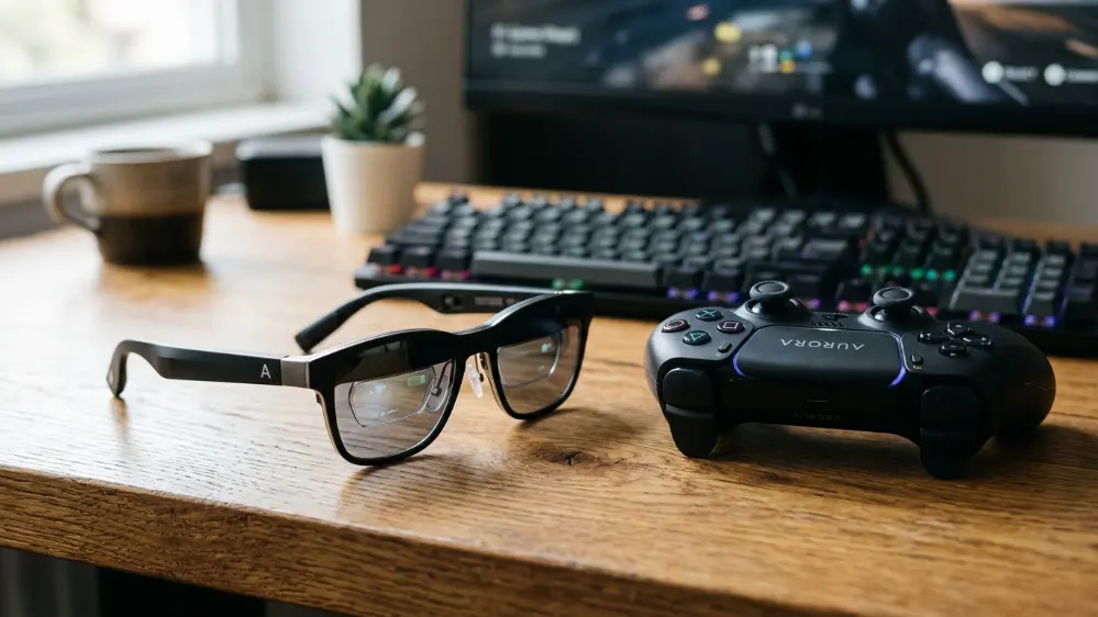 XREAL R1 Review: A 171-Inch Screen You Wear Like Sunglasses 78 XREAL R1 AR glasses on a desk next to a gaming controller