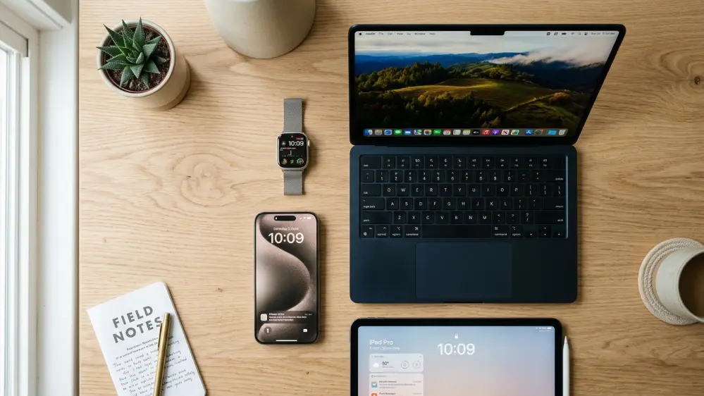 iPhone, iPad, Mac, and Apple Watch arranged together showing Siri AI compatibility across Apple devices