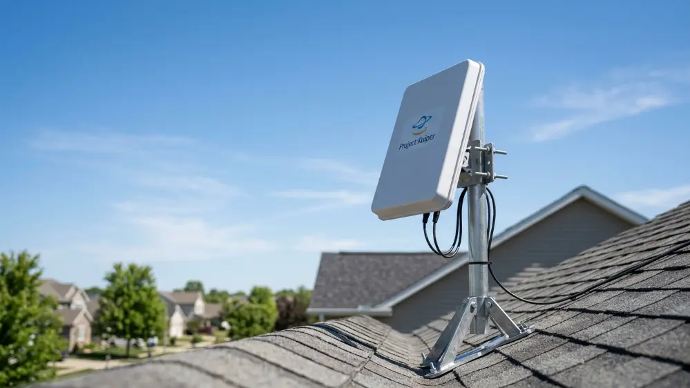 Amazon Leo Explained: Is Amazon's New Satellite Internet a Starlink Rival? 22 Amazon Leo satellite internet receiver mounted on a rooftop