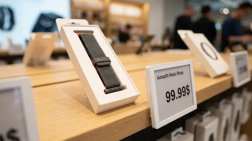Amazfit Helio Strap displayed next to its price tag in store