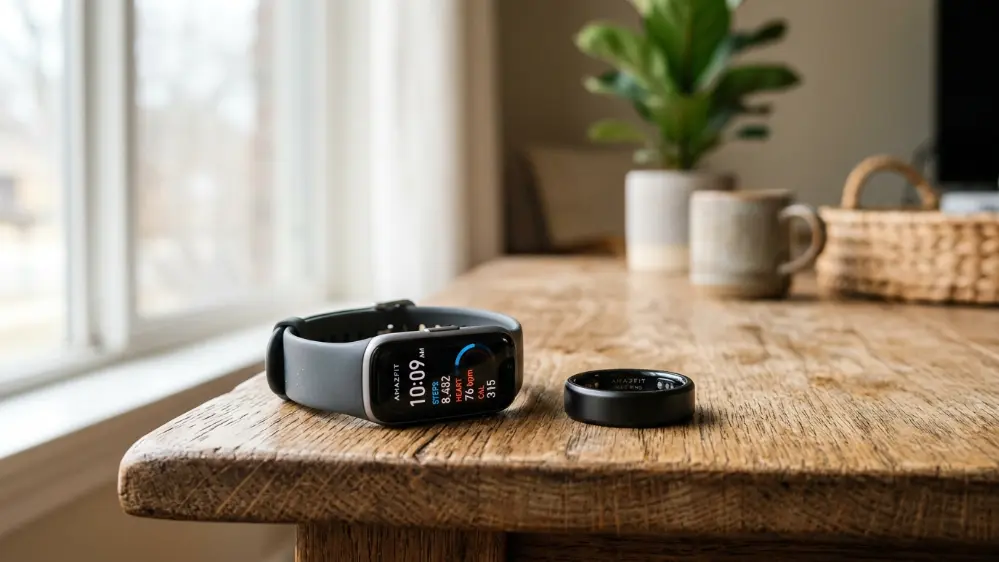 Amazfit Helio Strap wristband next to the separate Helio Ring device