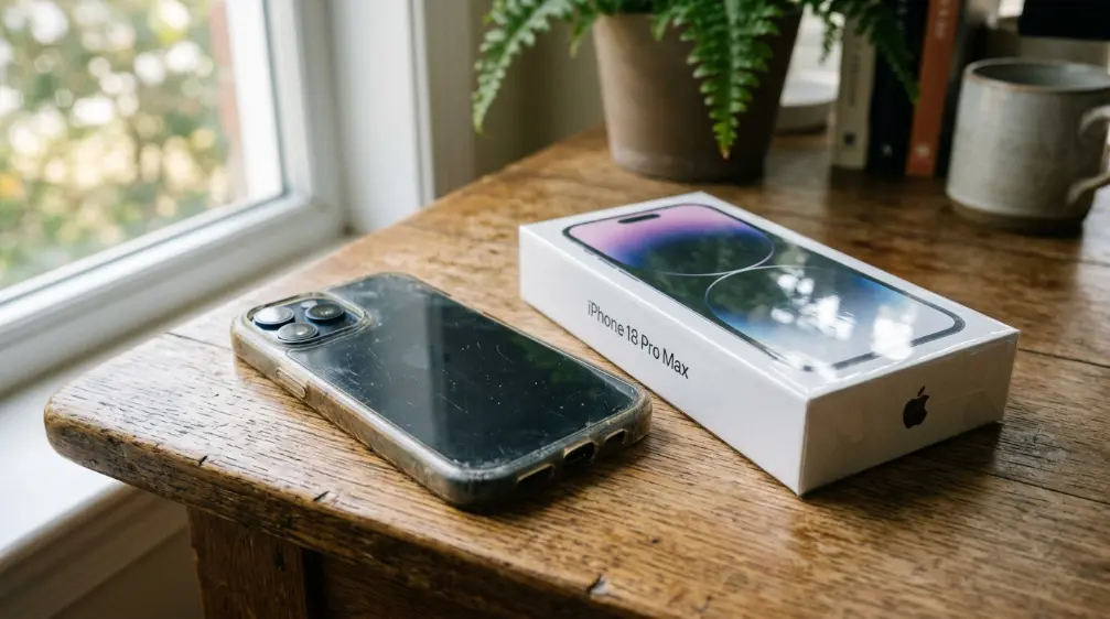 An older worn smartphone beside a brand new unopened smartphone box