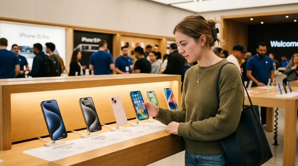 iPhone 18e and iPhone Air 2: What to Expect in Spring 2027 8 Person browsing budget iPhone options in a retail store