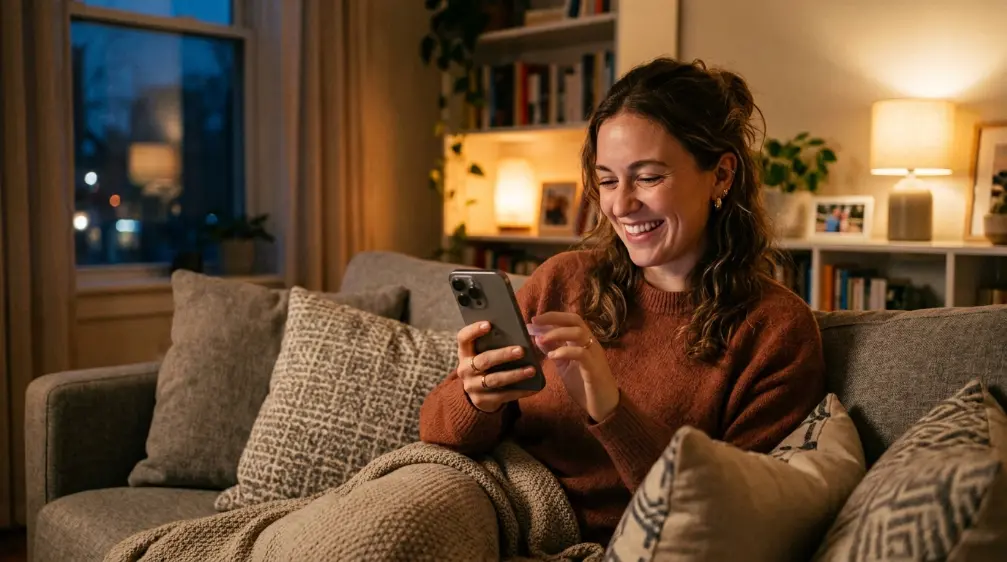 Person happily using their current smartphone at home