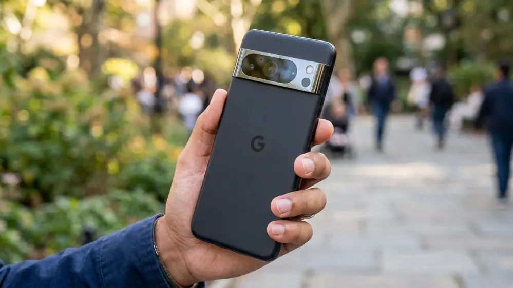 Person holding the upcoming Google Pixel 11 smartphone outdoors