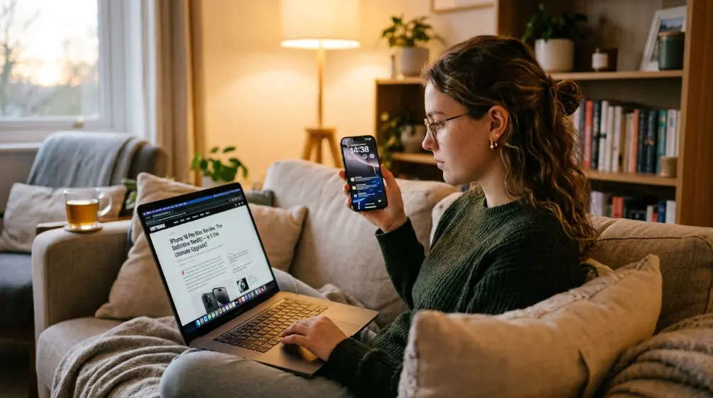 Person reading iPhone reviews before making an upgrade decision