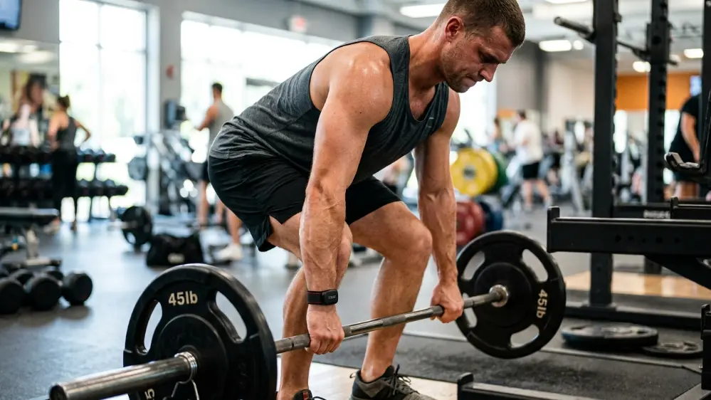 Person wearing the Amazfit Helio Strap during a strength workout