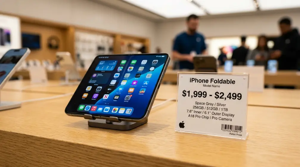 iPhone Fold Release Date, Price and Everything Leaked So Far 5 Price tag beside the rumored iPhone Fold on a store shelf