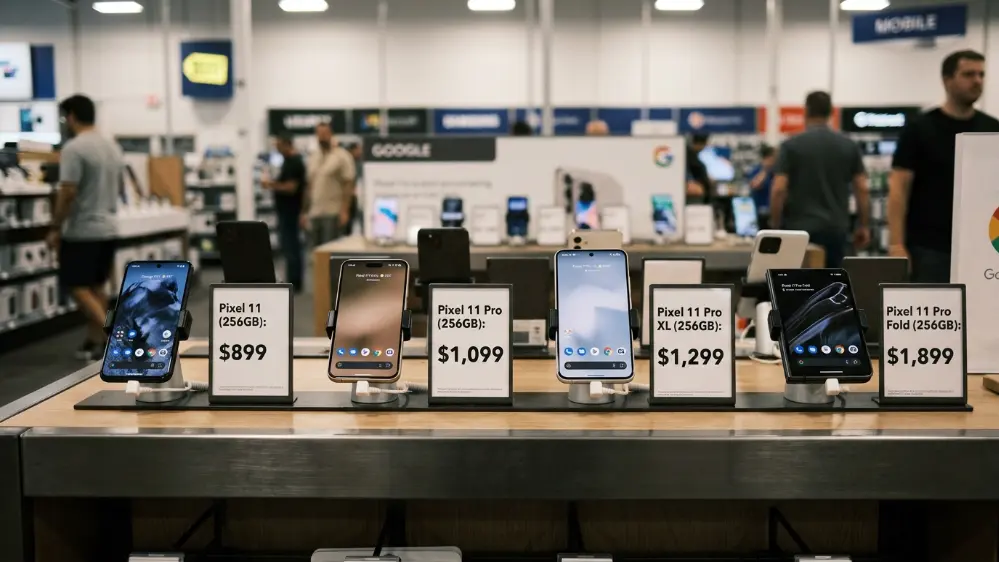 Price tag displayed next to the Google Pixel 11 on a store shelf