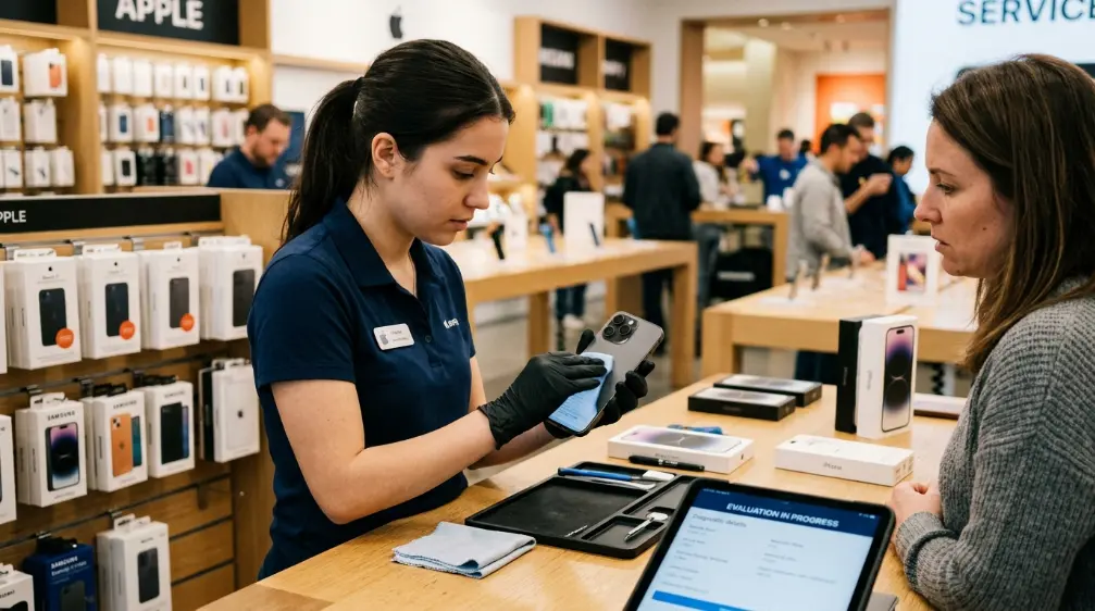 Smartphone being evaluated for trade-in at a retail store