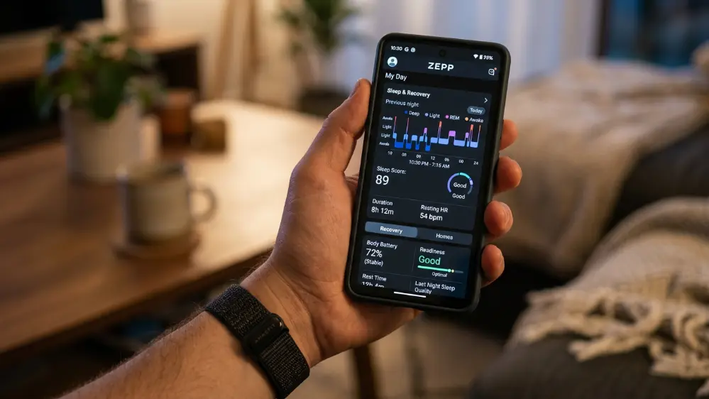Zepp App showing sleep and recovery data from the Amazfit Helio Strap