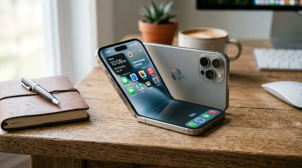 iPhone Fold concept shown half open on a desk
