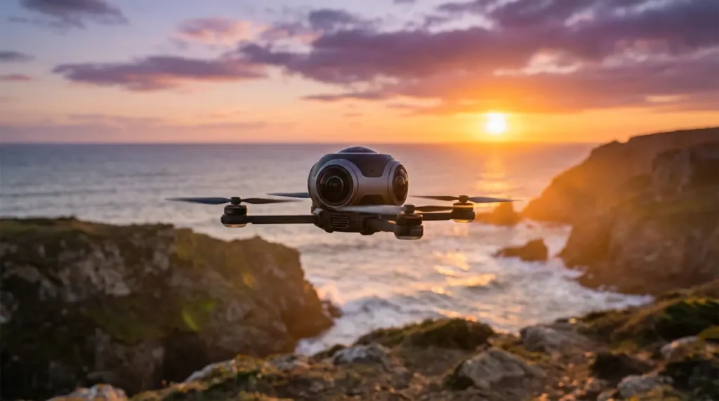A 360 degree drone hovering above a coastline during sunset