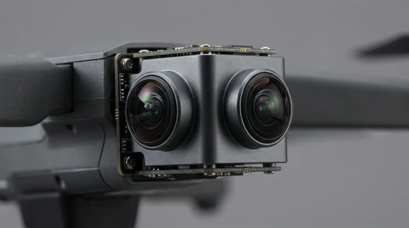 Close up view of the dual lens camera system on a 360 drone