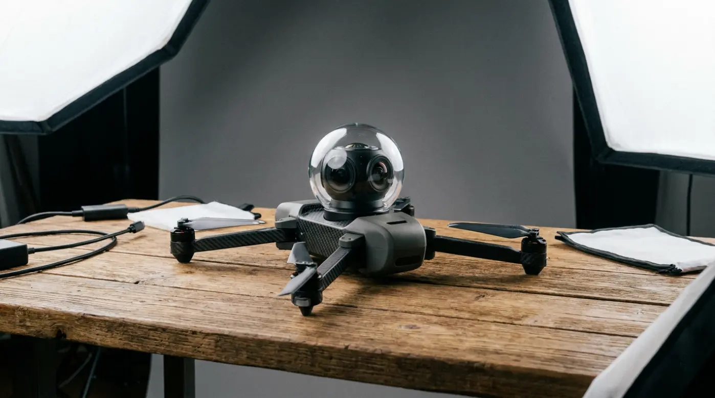 Compact 360 degree drone camera resting on a table