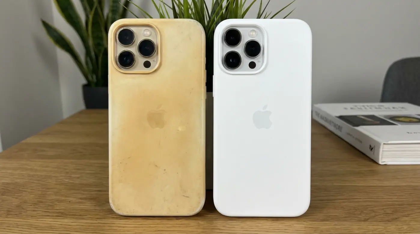 Comparison of a worn yellowed iPhone 18 Pro Max case next to a new one