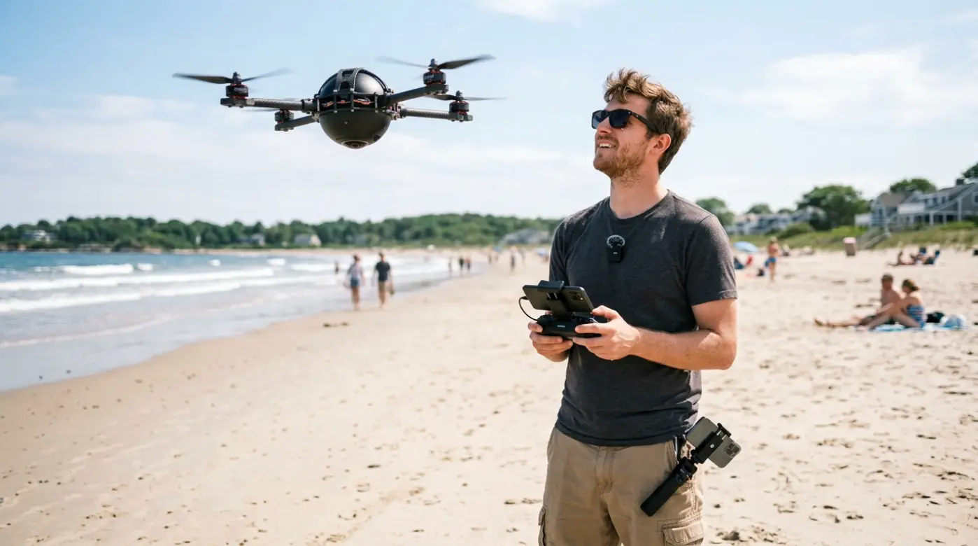 Content creator flying a 360 drone over a beach for social media footage
