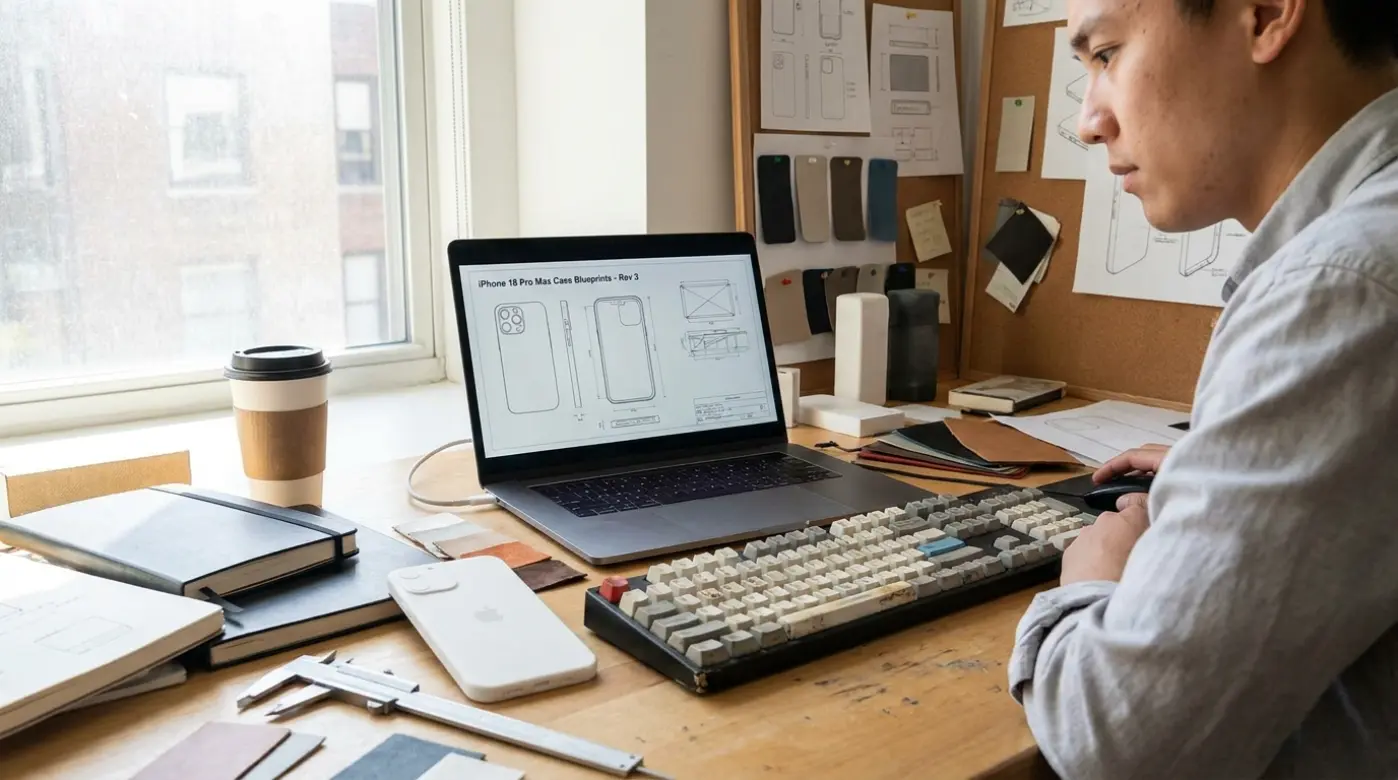 Designer working on early iPhone 18 Pro Max case dimensions before phone launch