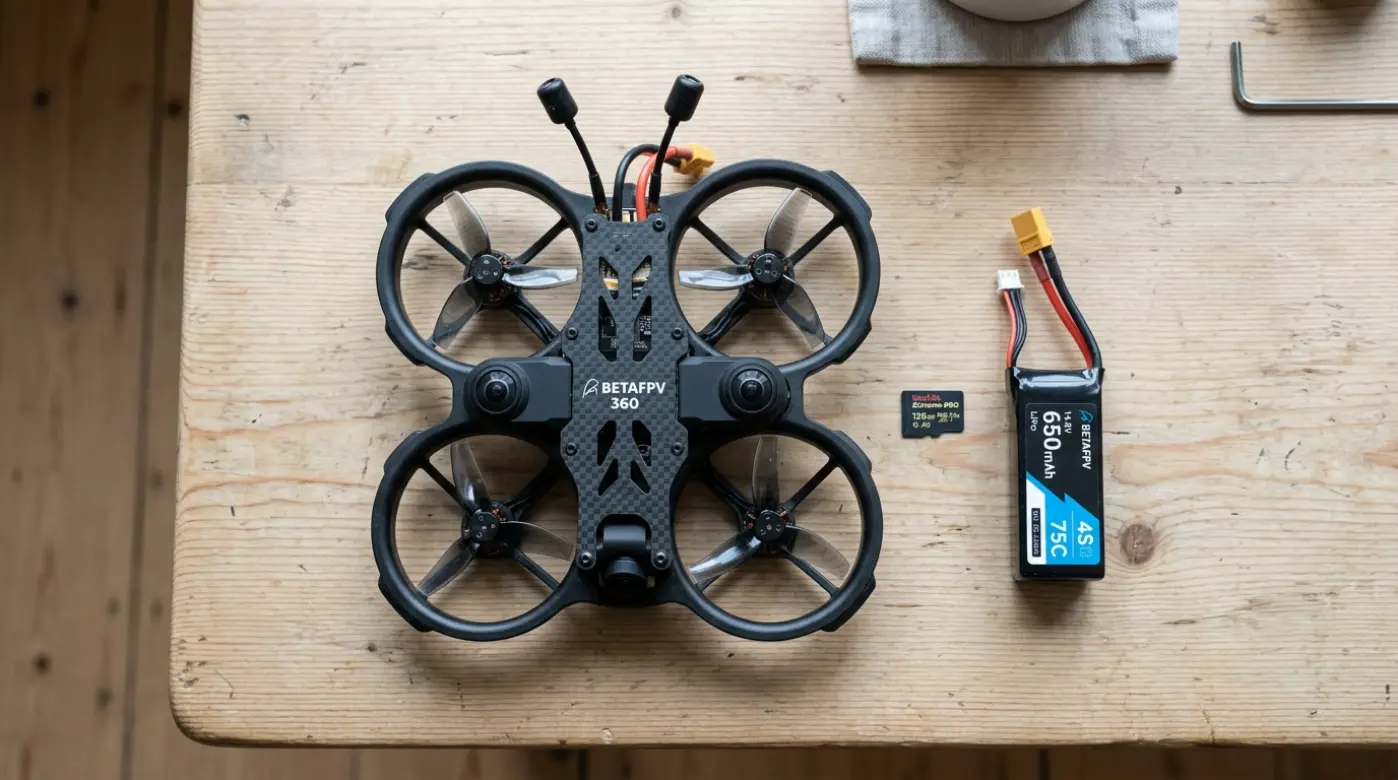 Memory card and spare battery displayed next to a 360 drone