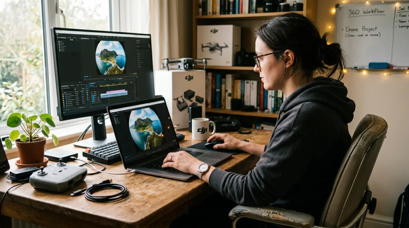 Person editing 360 drone footage on a laptop after a flight
