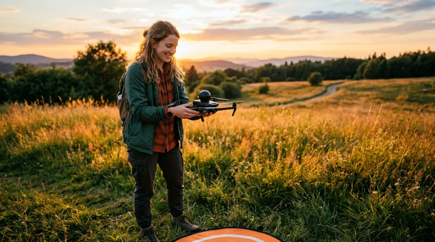 Person preparing to launch a 360 drone from an open field