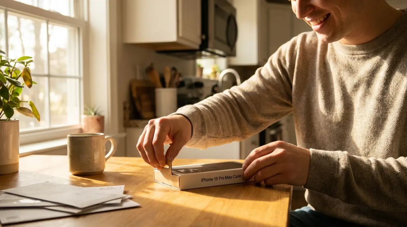 Person unboxing a newly purchased iPhone 18 Pro Max case at home