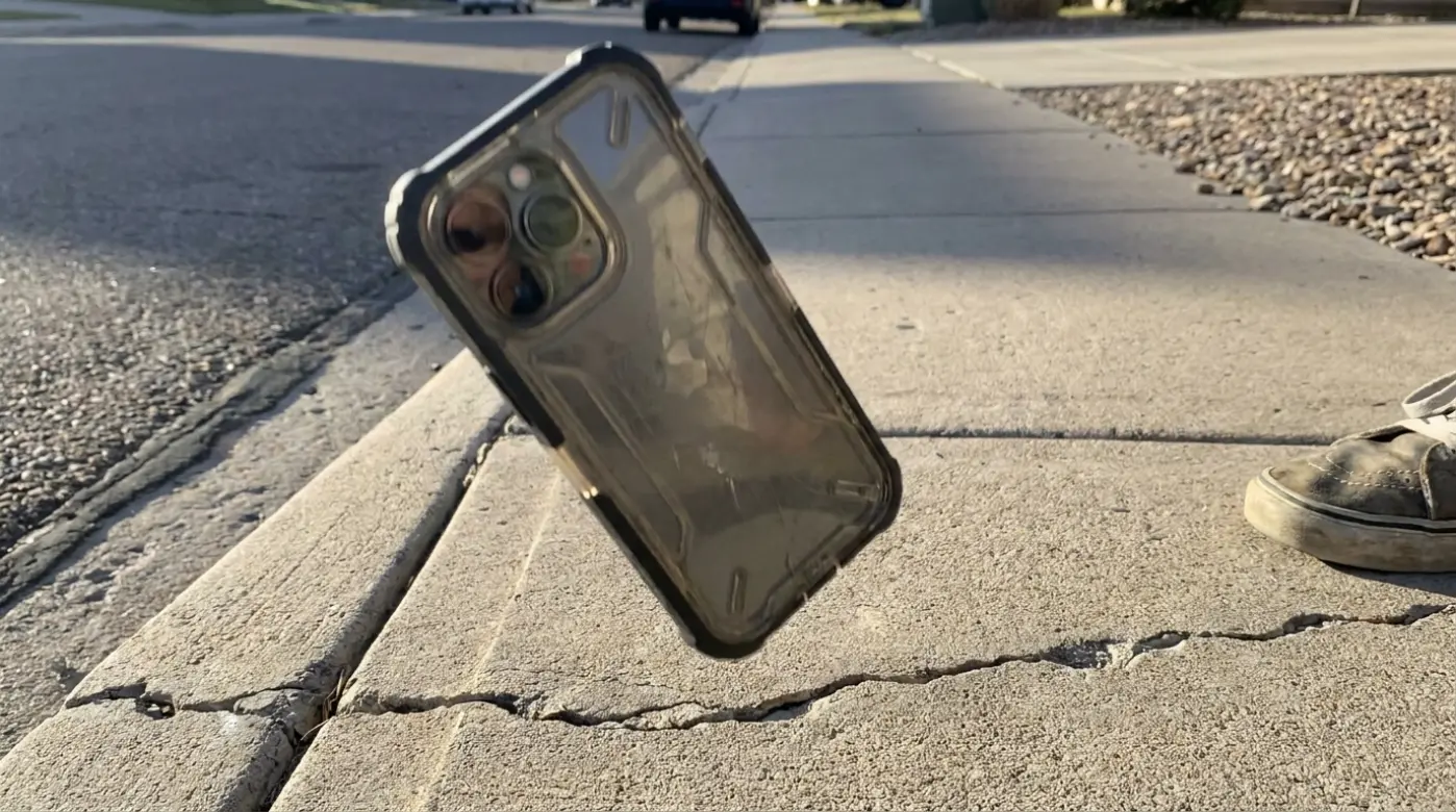 Protective iPhone 18 Pro Max case shown mid-drop to demonstrate durability