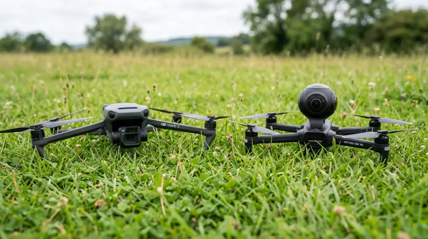 Traditional drone compared side by side with a 360 degree drone